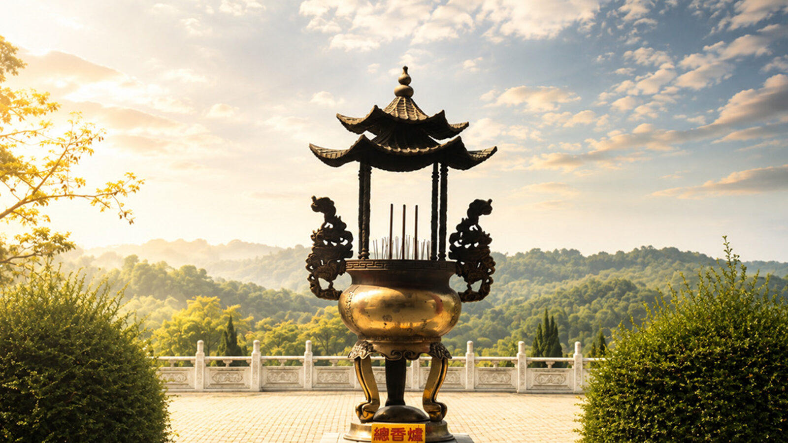 順坤居園區前庭平台，遠方為晨光中的層疊山稜